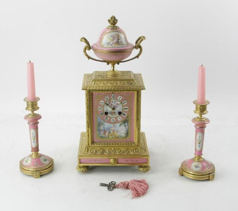 19thC French Sevres Clock Garniture Set