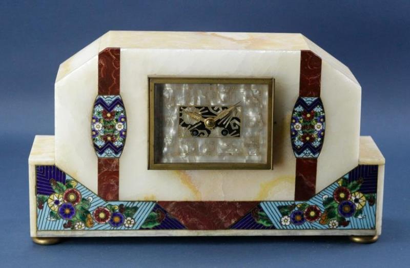 Art Deco Marble Mantel Clock with Cloisonne