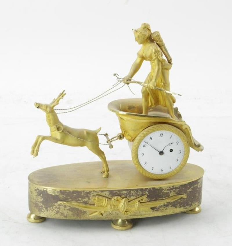 19thC French Gilt Bronze Chariot Clock