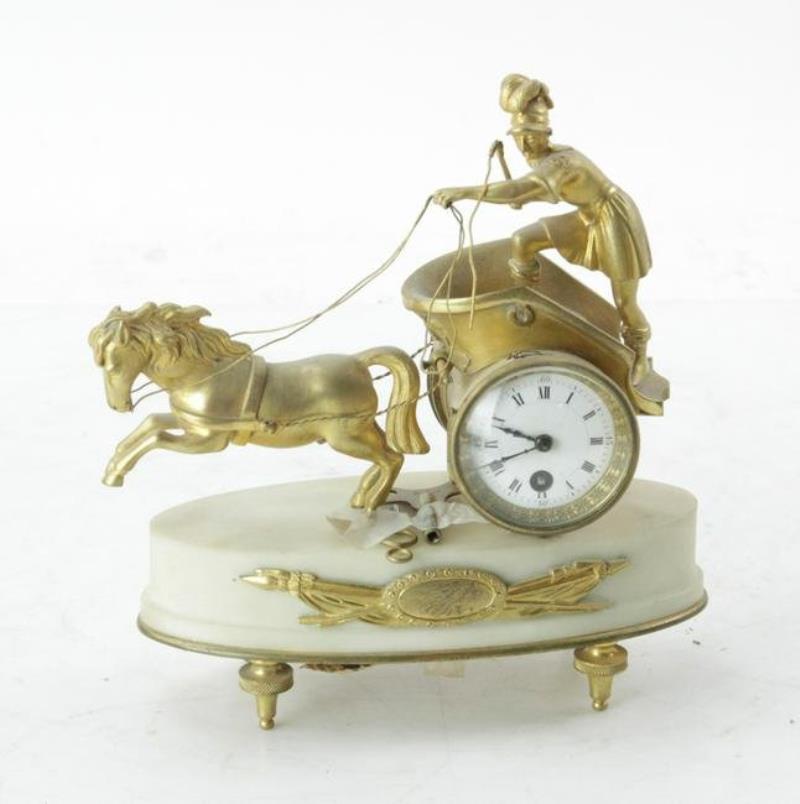 19thC French Gilt Chariot Clock with Marble Base