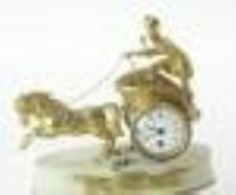 19thC French Gilt Chariot Clock with Marble Base