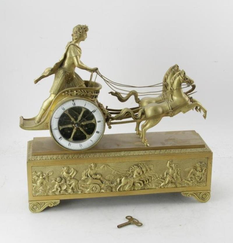 19thC French Ormolu Bronze Chariot Clock