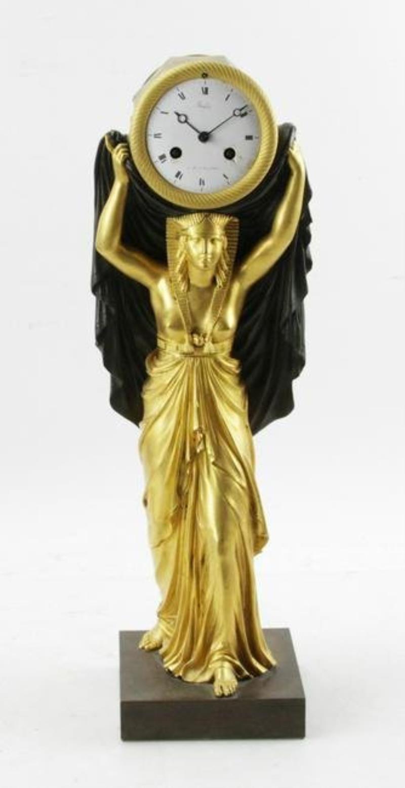 Early 19thC Bausse Egyptian Revival Bronze Clock