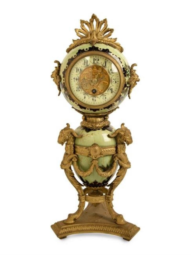 A French Gilt Bronze and Glazed Pottery Clock Height 19