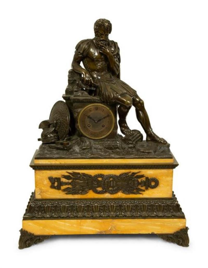 A Large Empire Style Bronze and Marble Figural Clock