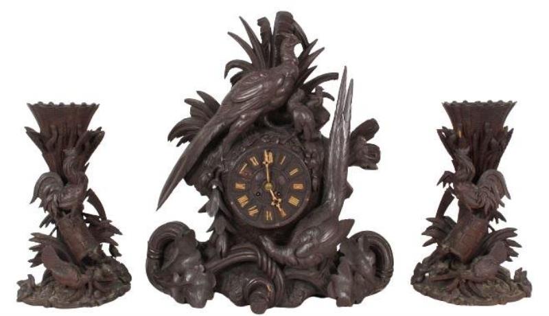 Monumental Black Forest Carved 3 Piece Clock Set