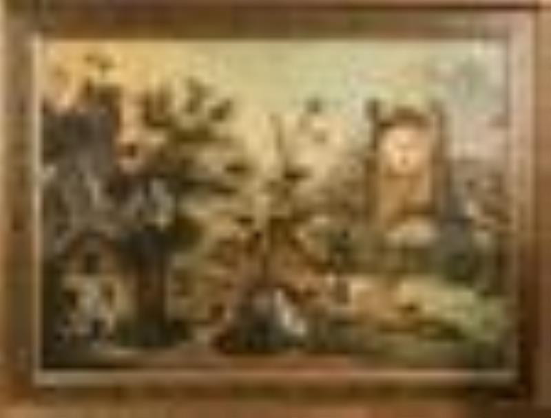 Antique European Oil on Board w Waterfall & Clock