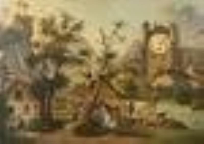 Antique European Oil on Board w Waterfall & Clock