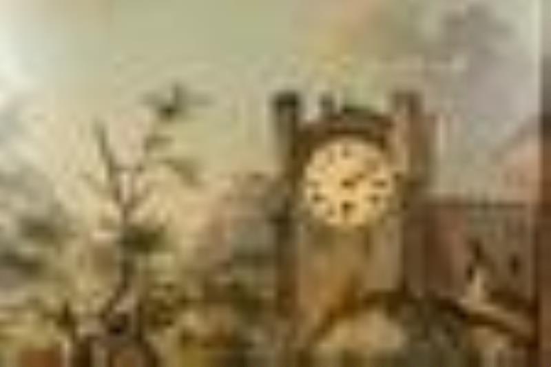 Antique European Oil on Board w Waterfall & Clock