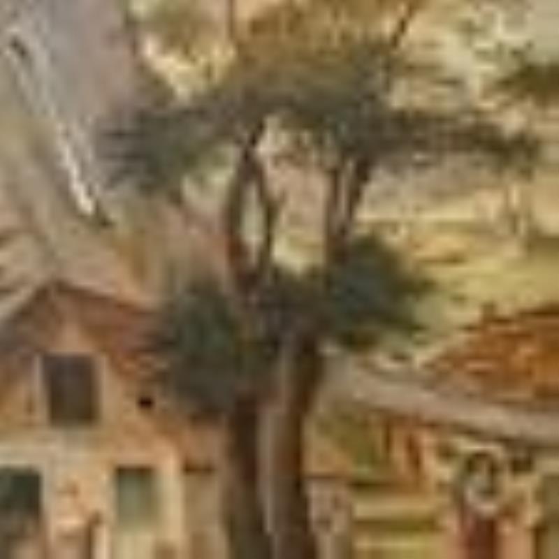 Antique European Oil on Board w Waterfall & Clock