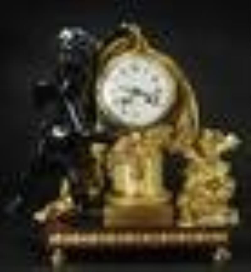 Large Dore bronze and dark patina cupid clock