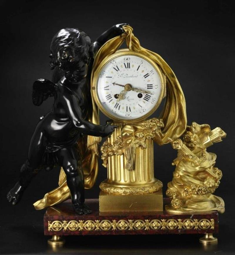 Large Dore bronze and dark patina cupid clock