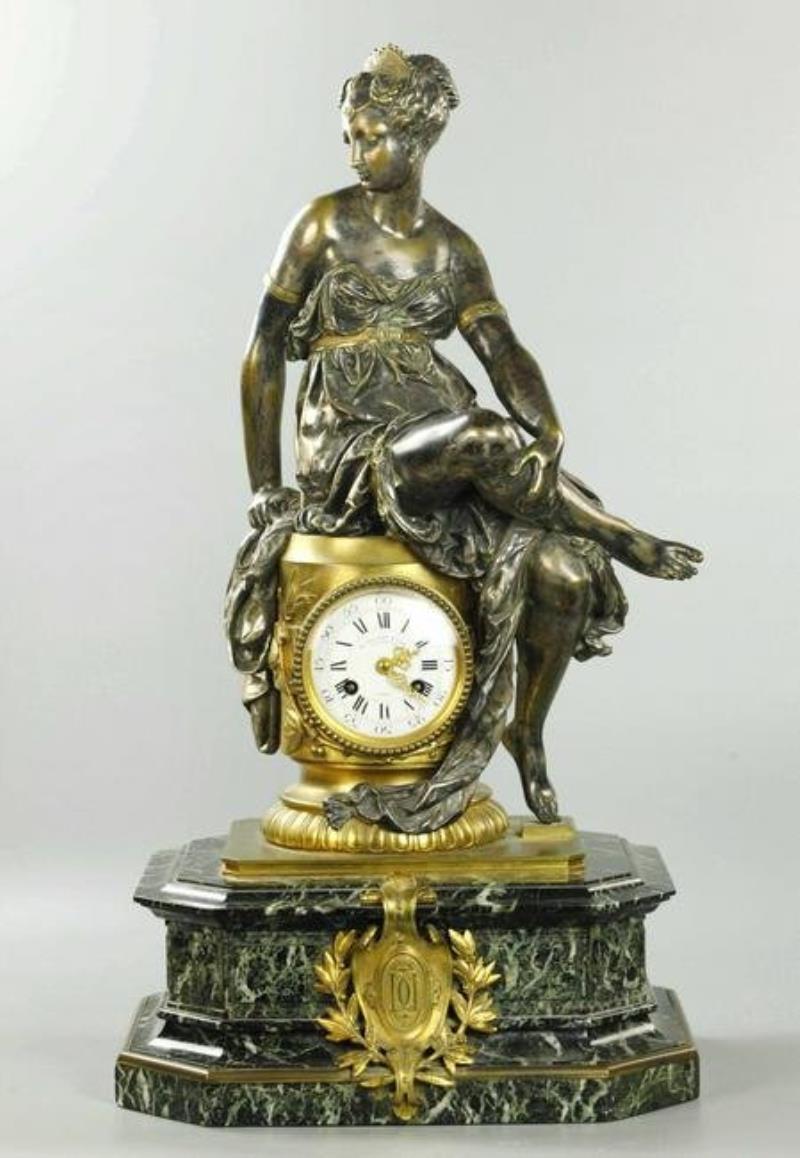 19 C silver plate bronze clock with snake stone base