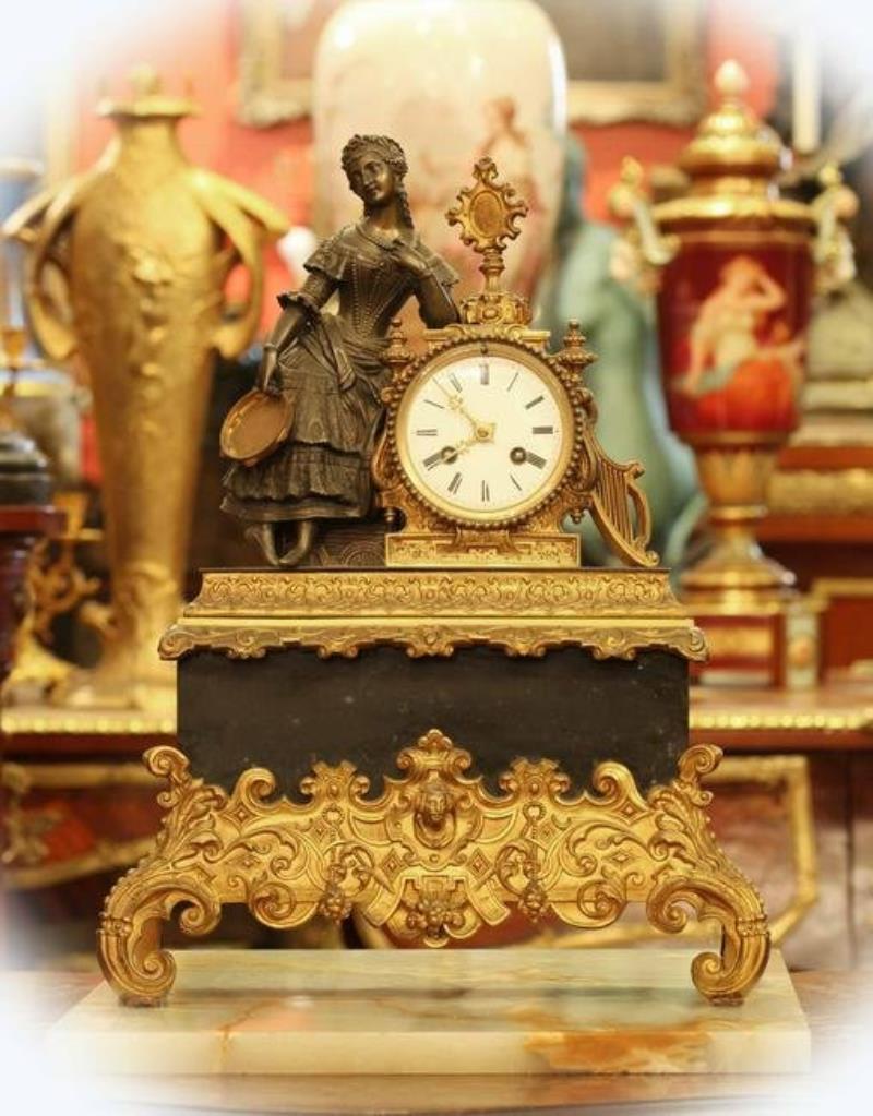 Large 19 C two-tone bronze French figural mantel clock