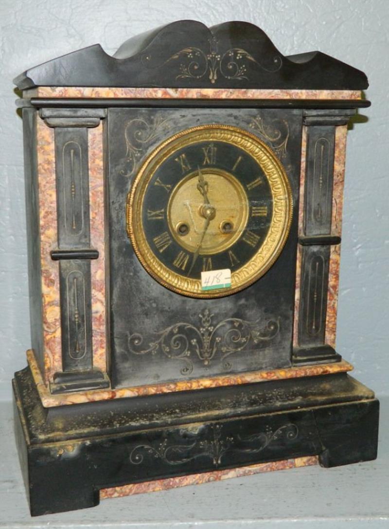 French marble black & brown 8 day mantle clock.