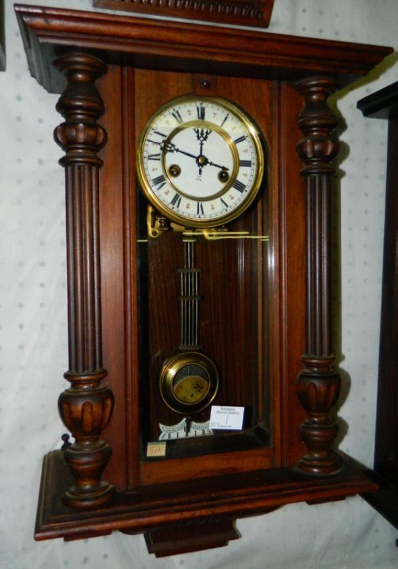 Mahogany case 8 day wall clock w/porcelain dial