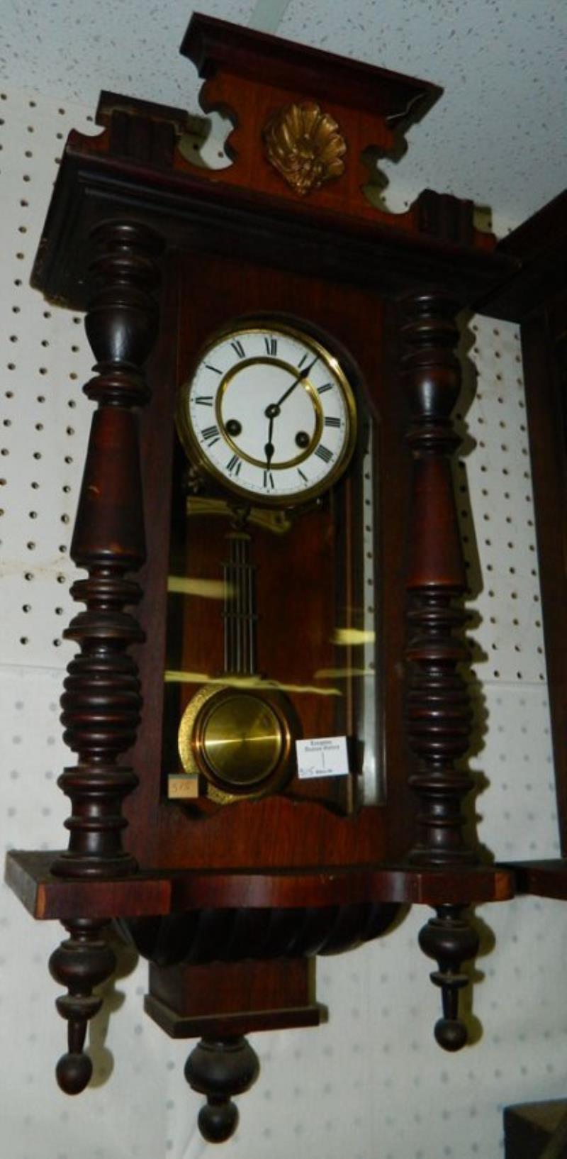 Mahogany case 8 day wall clock w/porcelain dial