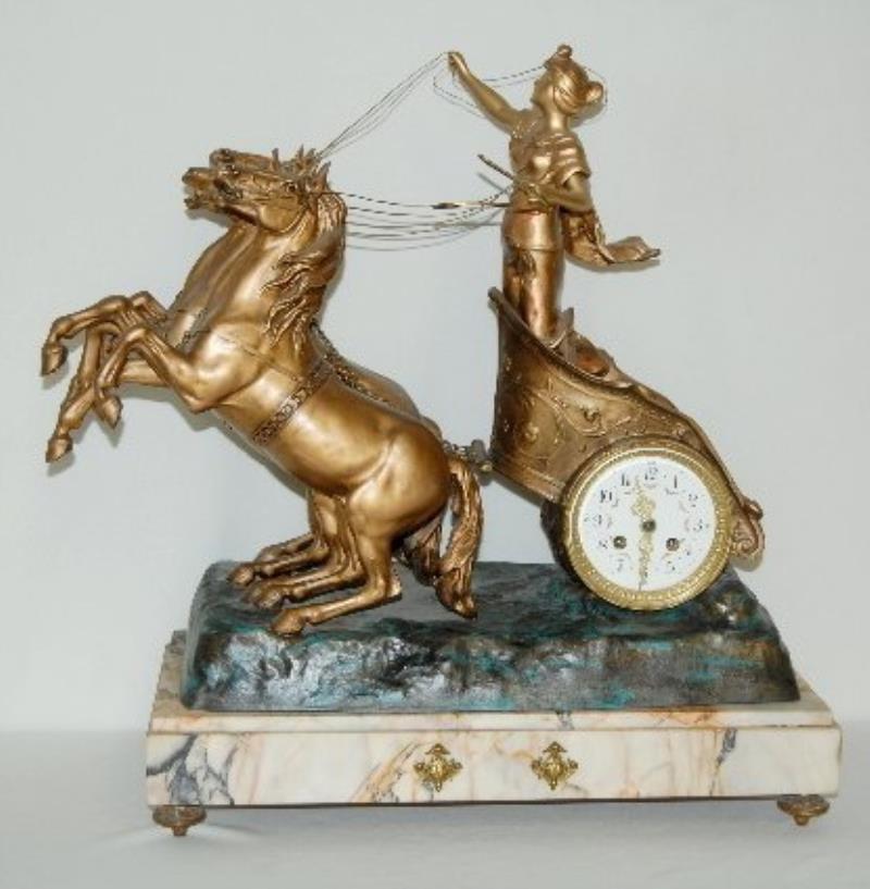 French Marti 3 Horse Chariot Clock on Marble Base