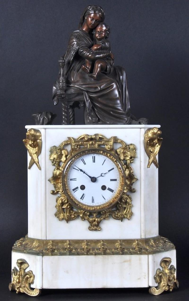 A 19TH CENTURY FRENCH WHITE MARBLE AND ORMOLU CLOCK,