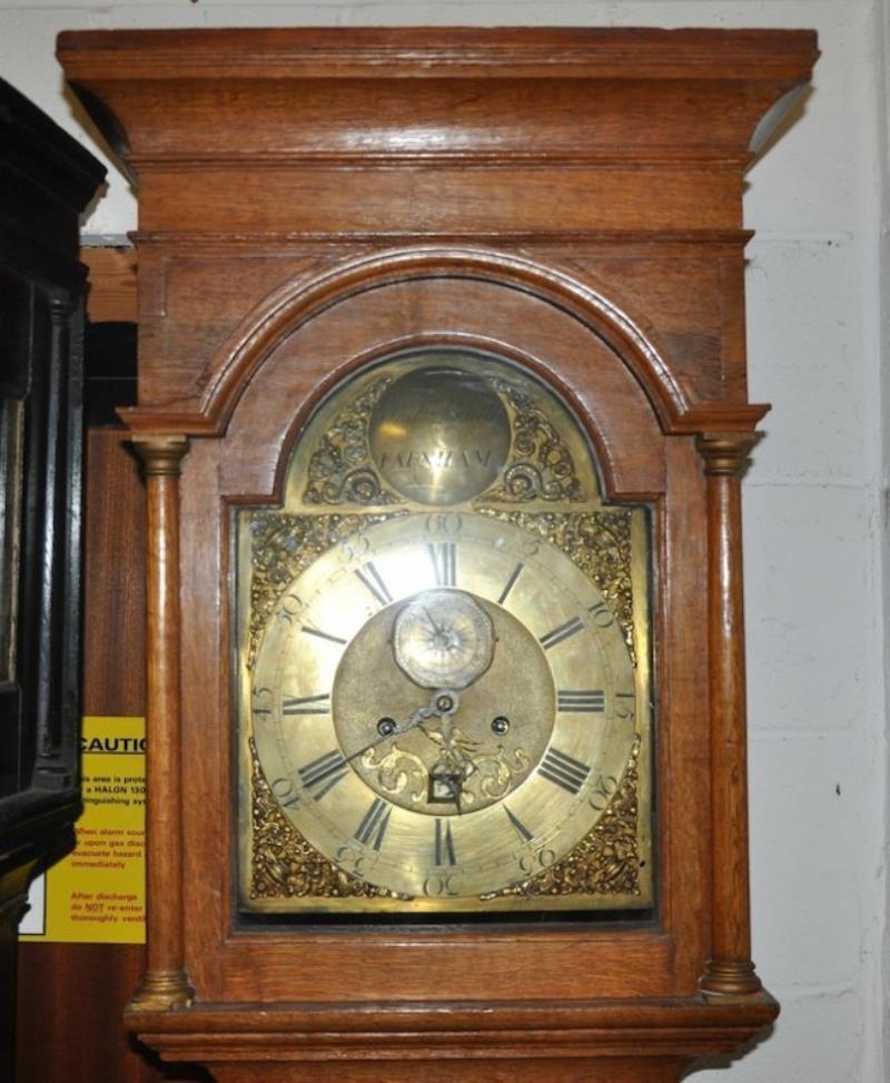 AN 18TH CENTURY OAK LONGCASE CLOCK, with brass dial and