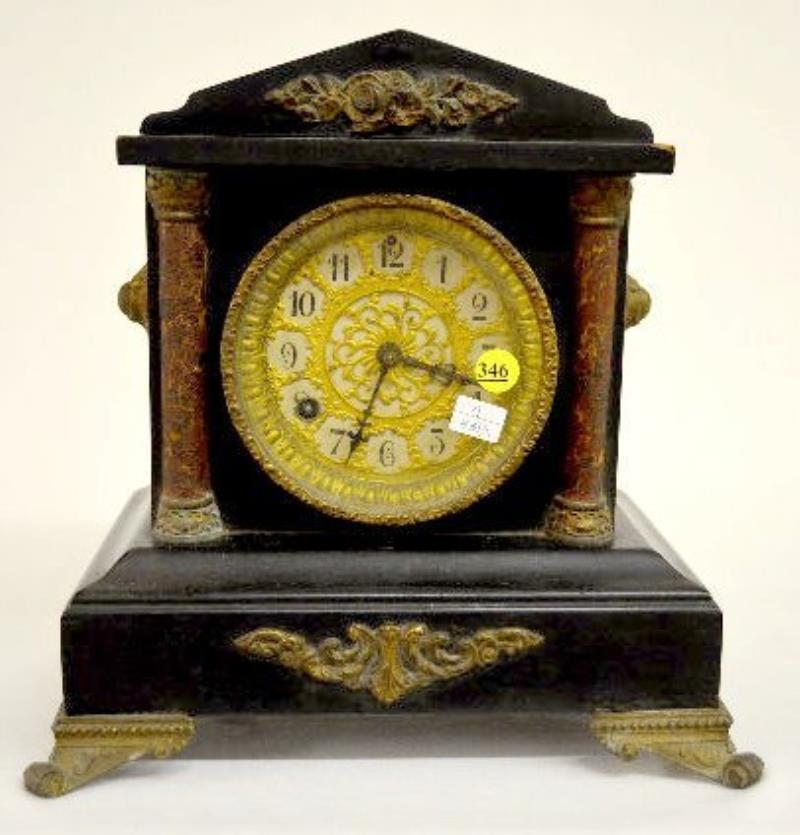 Enameled Oak Column Mantel Clock