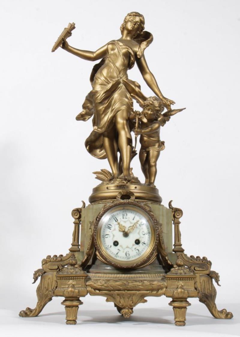 ONYX BRONZE FRENCH MANTLE CLOCK AUG. MOREAU 1880