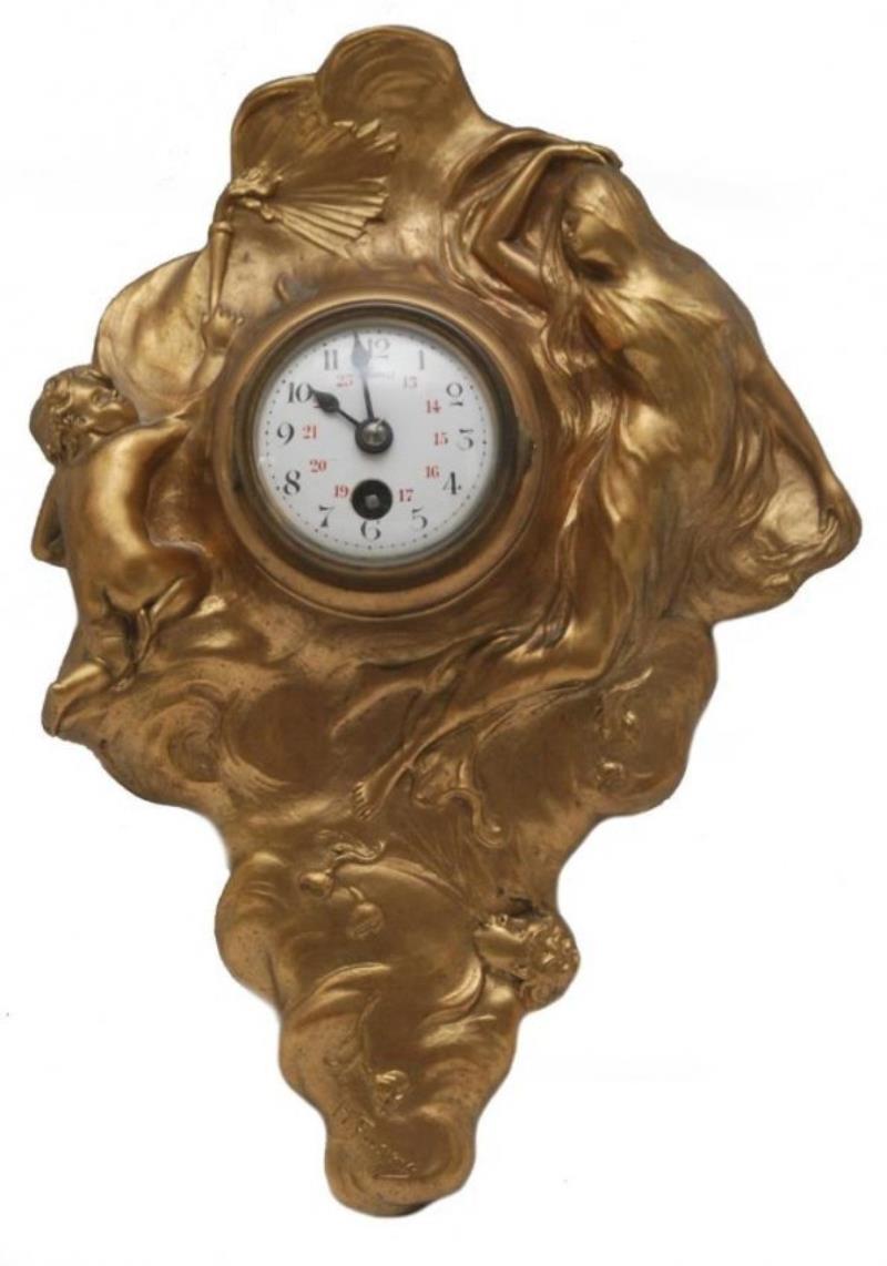 HENRI FUGERG ART NOUVEAU SIGNED GILT BRONZE CLOCK