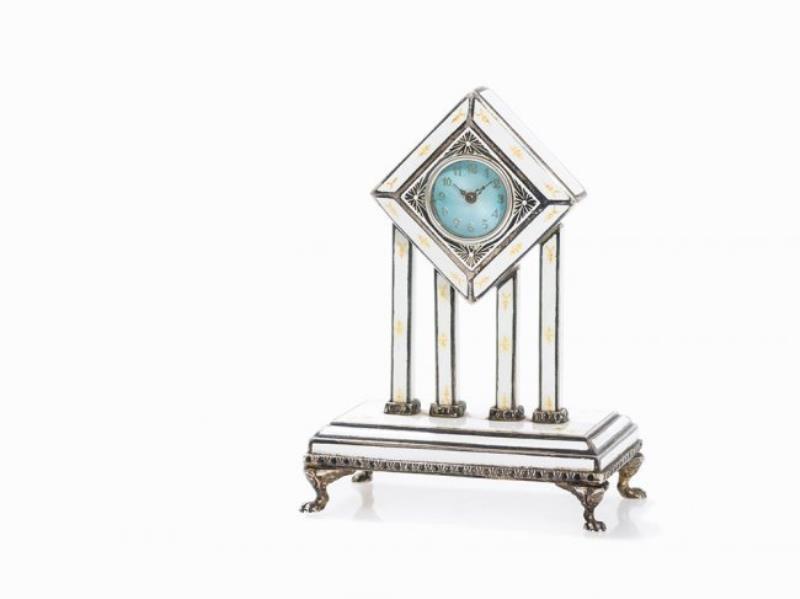 A Silver Miniature Clock with Enamel Dcor, Switzerland