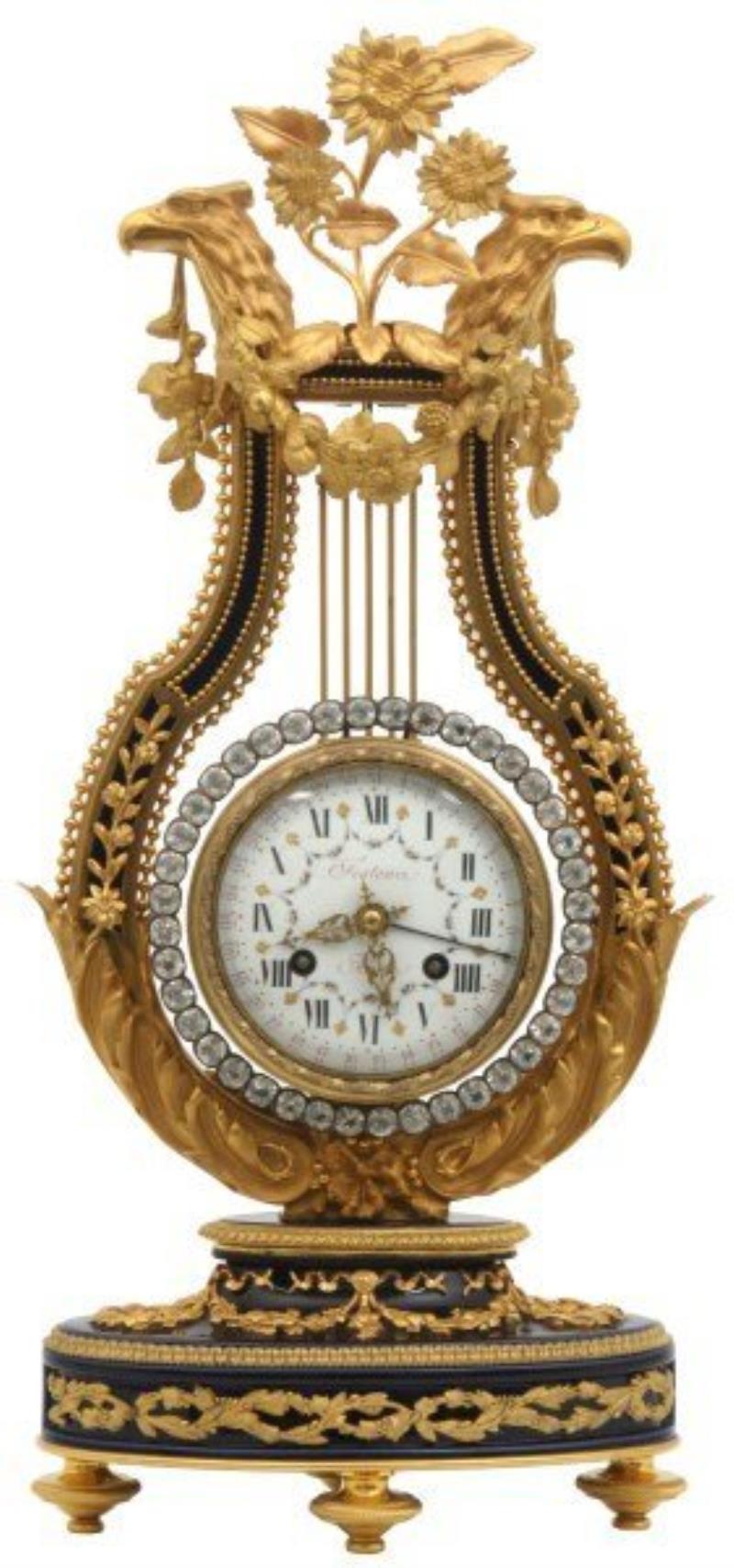 Cobalt Porcelain Bronze Lyre Calendar Clock