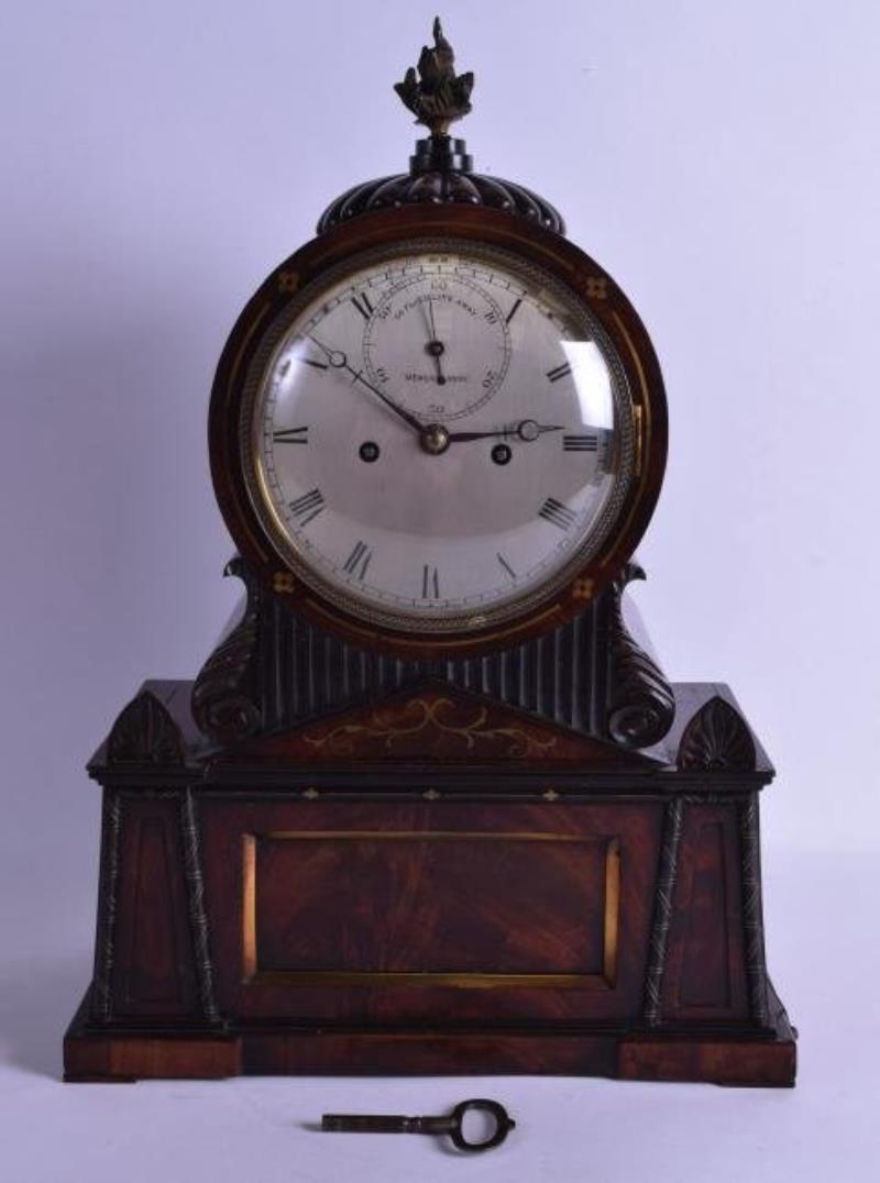 A LOVELY REGENCY FLAME MAHOGANY MANTEL CLOCK with