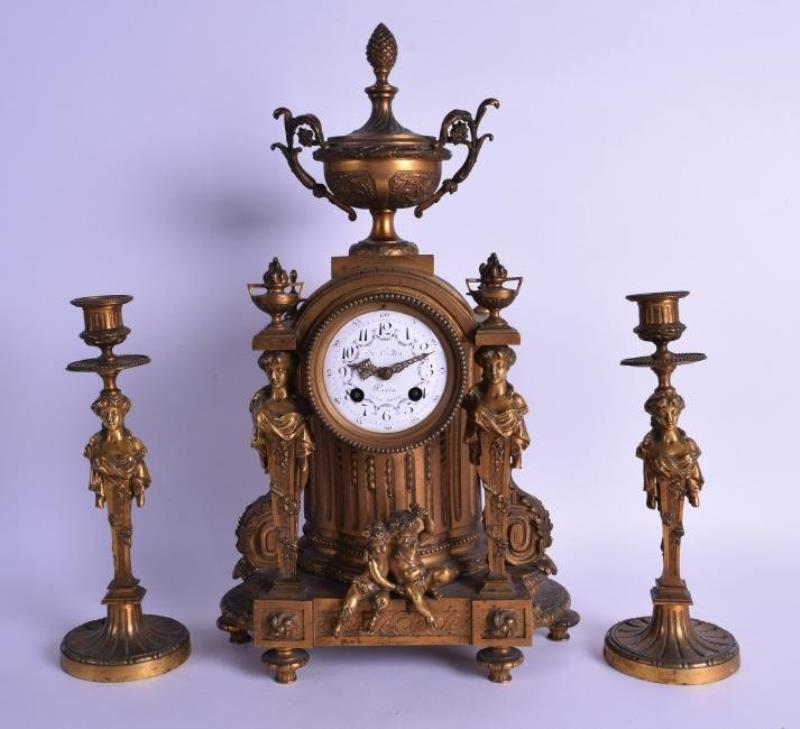 A GOOD 19TH CENTURY FRENCH ORMOLU CLOCK GARNITURE with