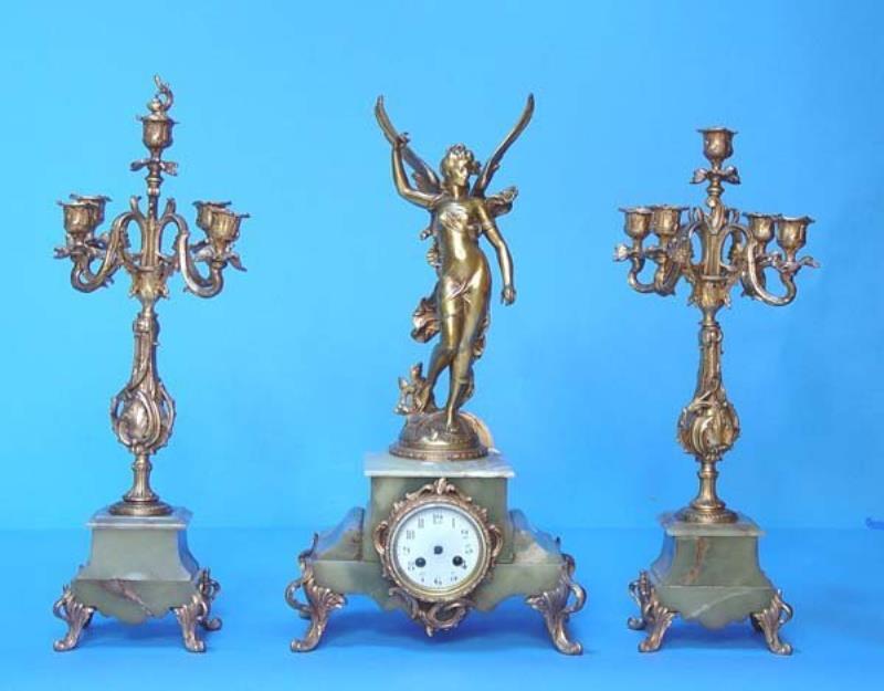 French Green Onyx Figural Mantel Clock Set