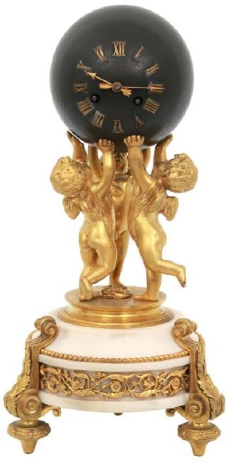 French Marble & Bronze Putti Mantle Clock