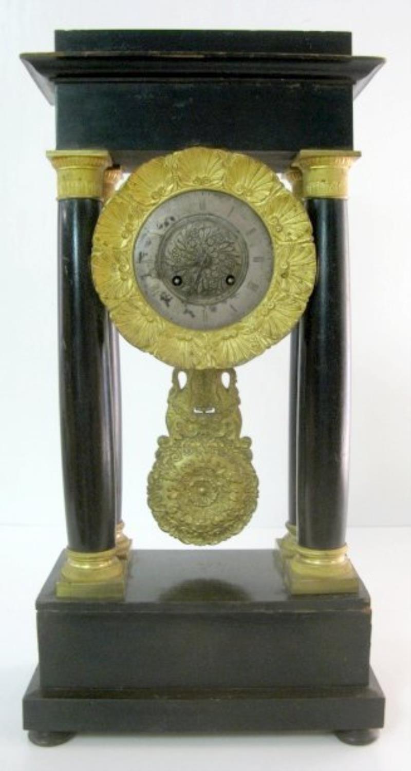 French Portico Wood & Bronze Dore Clock