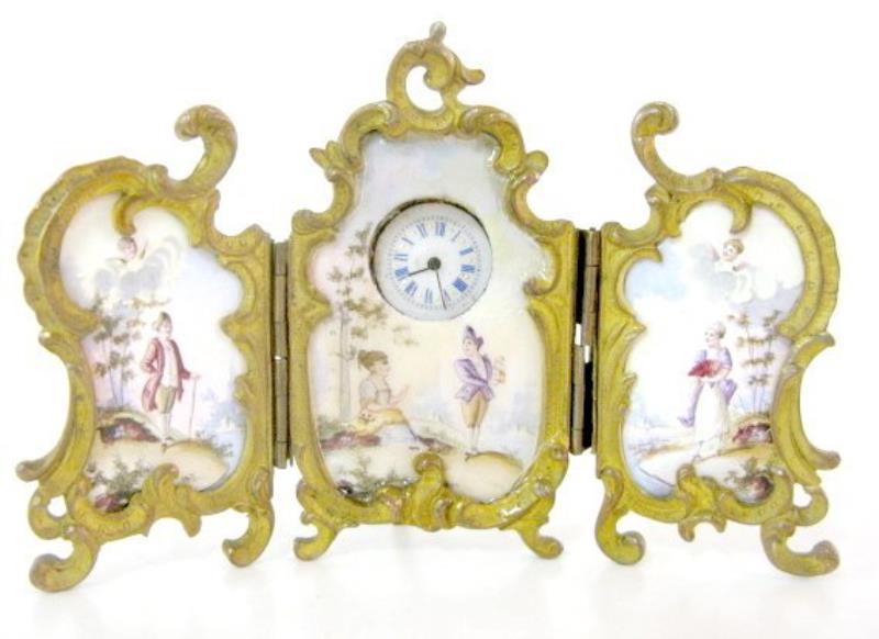 French Enamel & Bronze Triptych Mini Clock