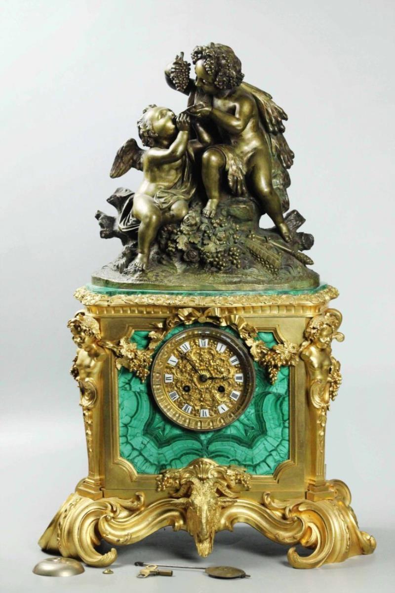 19 C Dore Bronze Brown Patina & Russian Malachite Clock