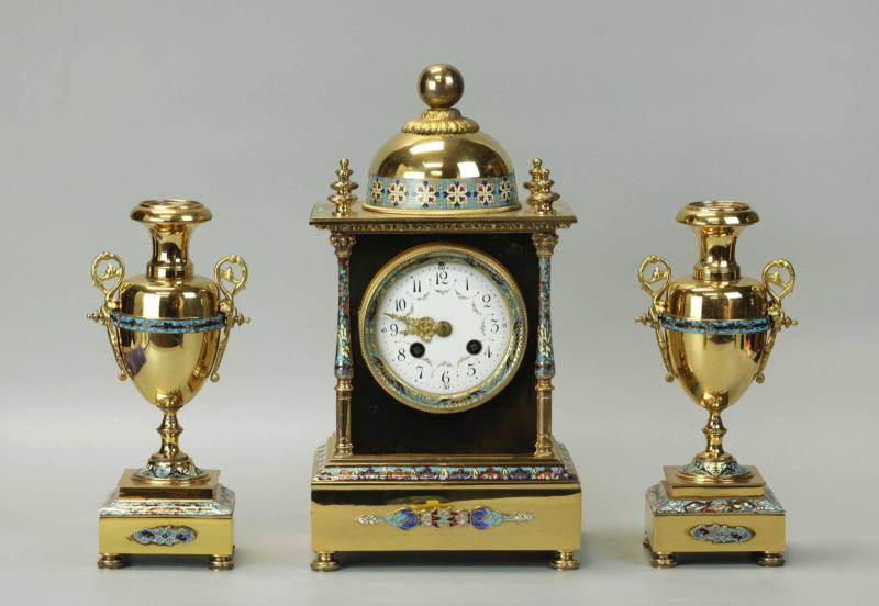 Champleve, Set of 3 pieces, Gilded Bronze Clock