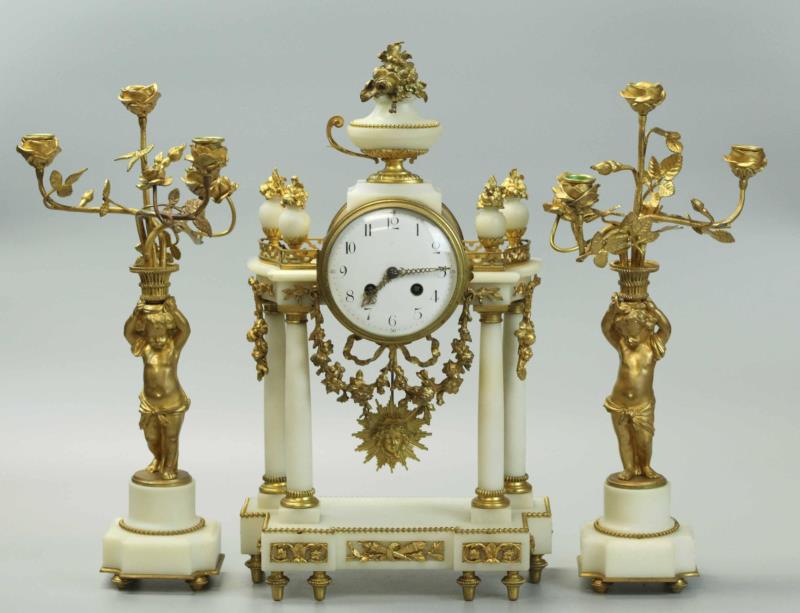 19th Century Dore Bronze & Carrera Marble Clock with 2