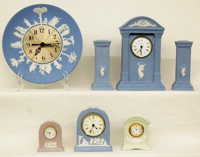 5 Wedgwood Clocks & Pair of Candlesticks