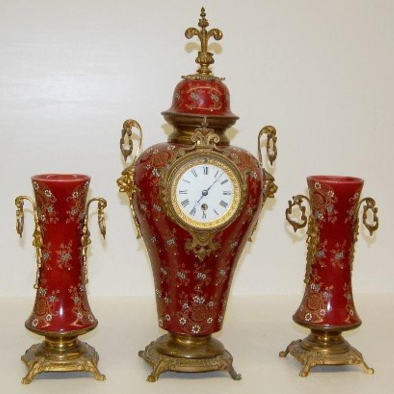 3pc. French Enamel Pottery Clock Set