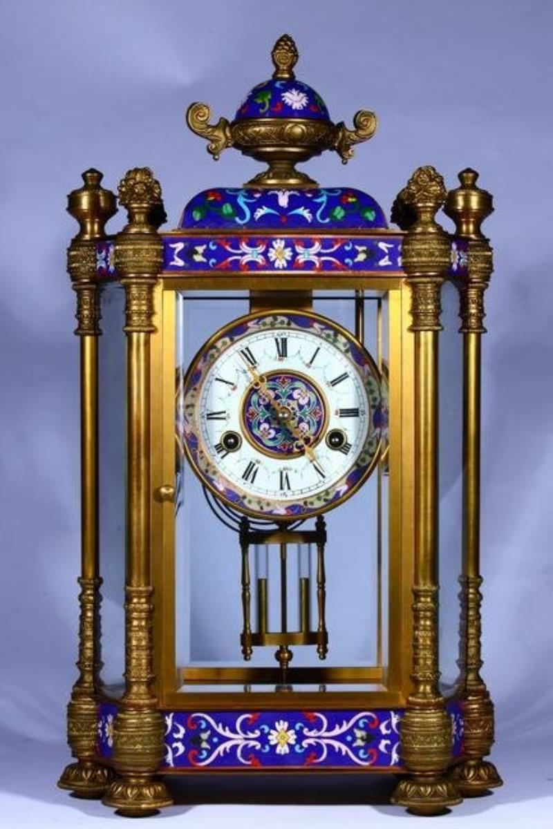 Cloisonne Gilt Bronze Floral Mechanical clock