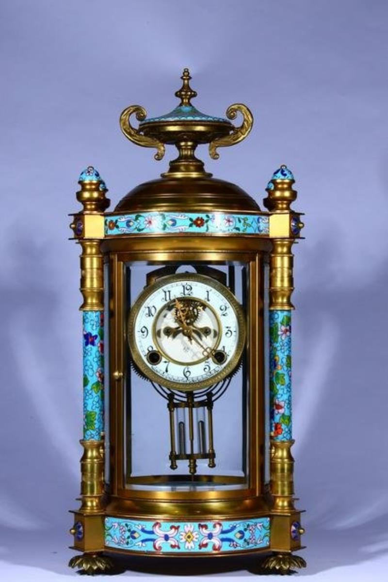 Cloisonne Gilt Bronze Floral Mechanical Clock