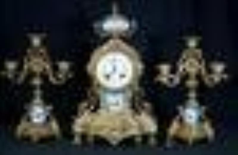 3 piece bronze clock set with Sevres porcelain inserts
