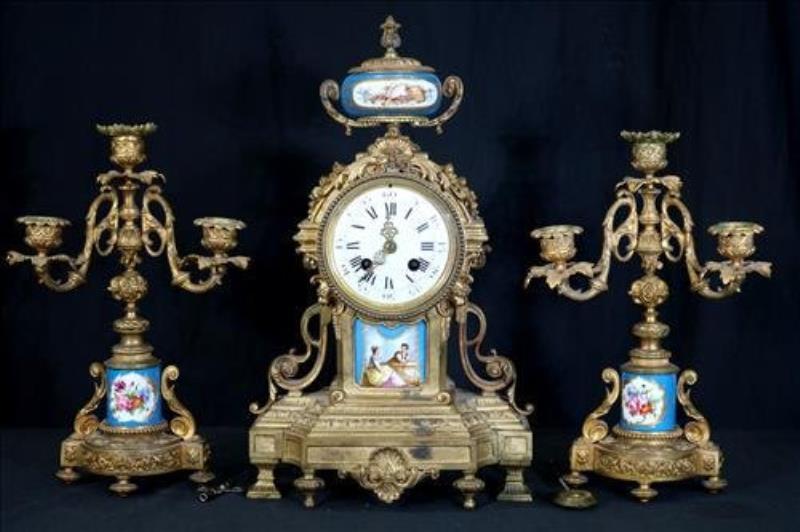 3 piece bronze clock set with Sevres porcelain inserts