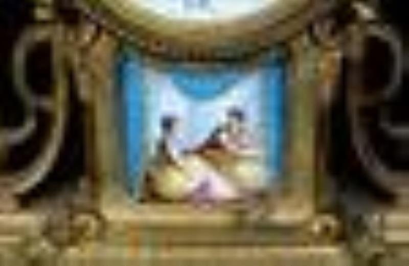 3 piece bronze clock set with Sevres porcelain inserts