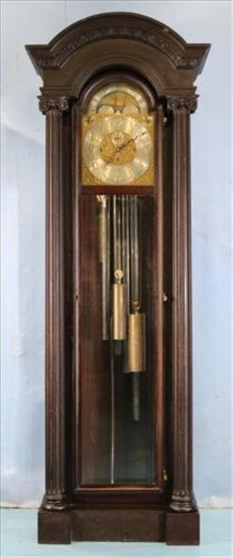 Mahogany grandfather clock with reeded column front