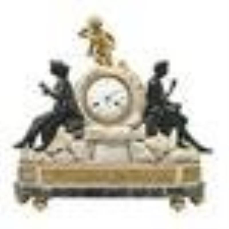 French Beaux Arts Bronze and Marble Mantel Clock.
