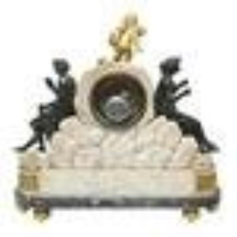 French Beaux Arts Bronze and Marble Mantel Clock.