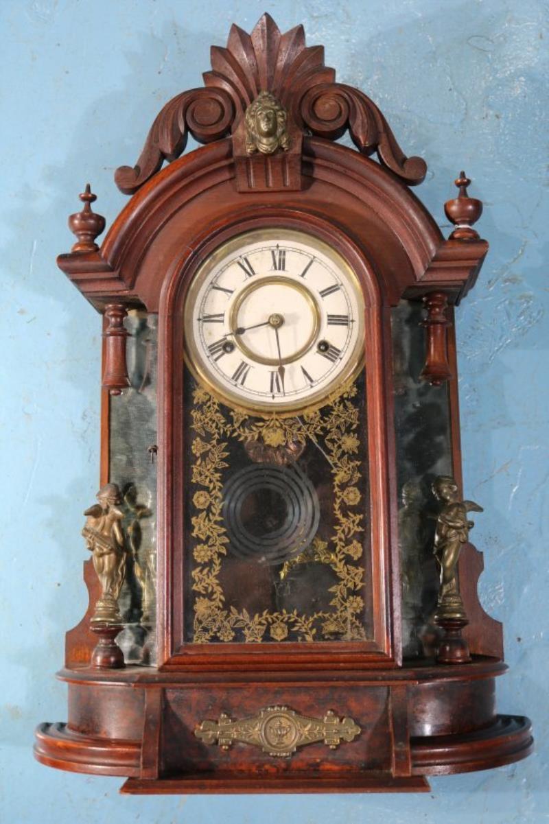 Walnut Victorian mantle clock with pendulum and key