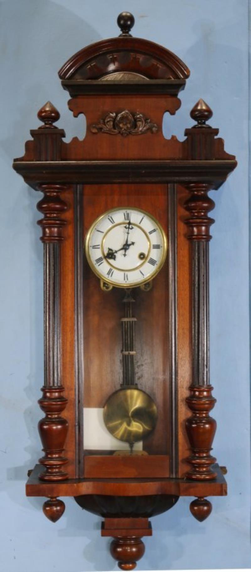 Walnut Vienna wall clock by Junghans, 38 in. T, 13 in.